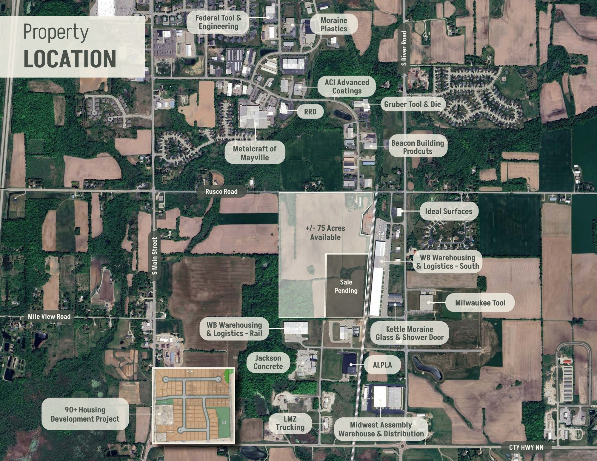 Map of Crossrail Commerce Center and neighboring employers in West Bend
