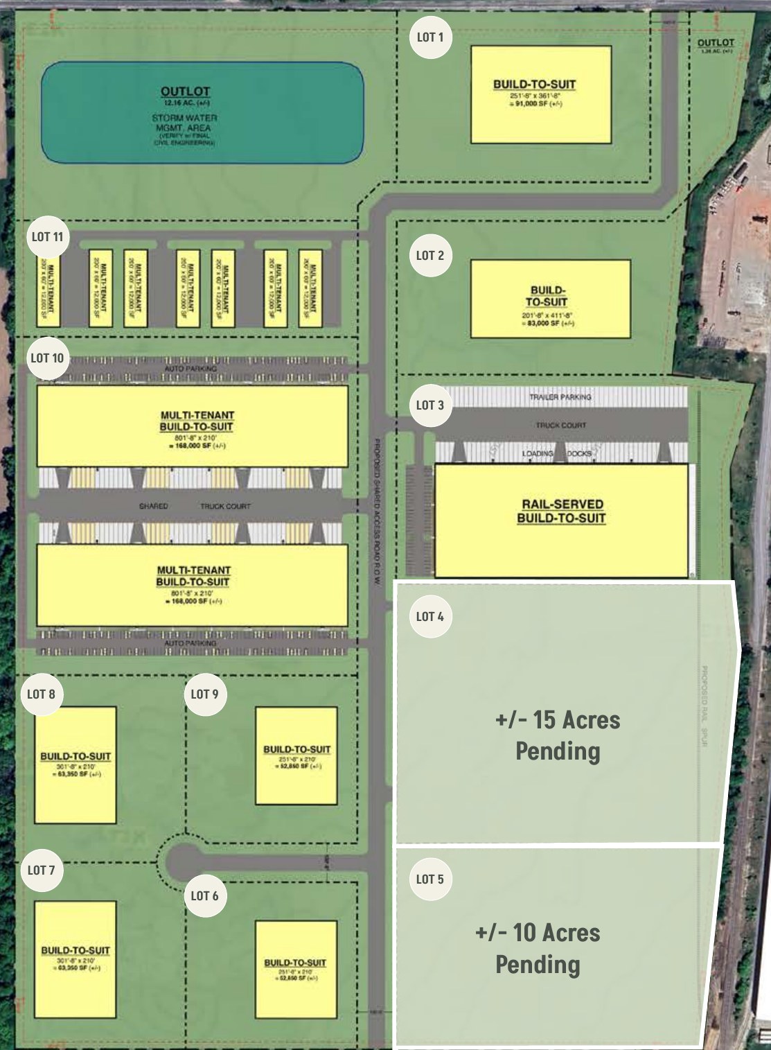 Prospective park layout showing lots 1 through 11, the stormwater outlot, and the rail-served build-to-suit